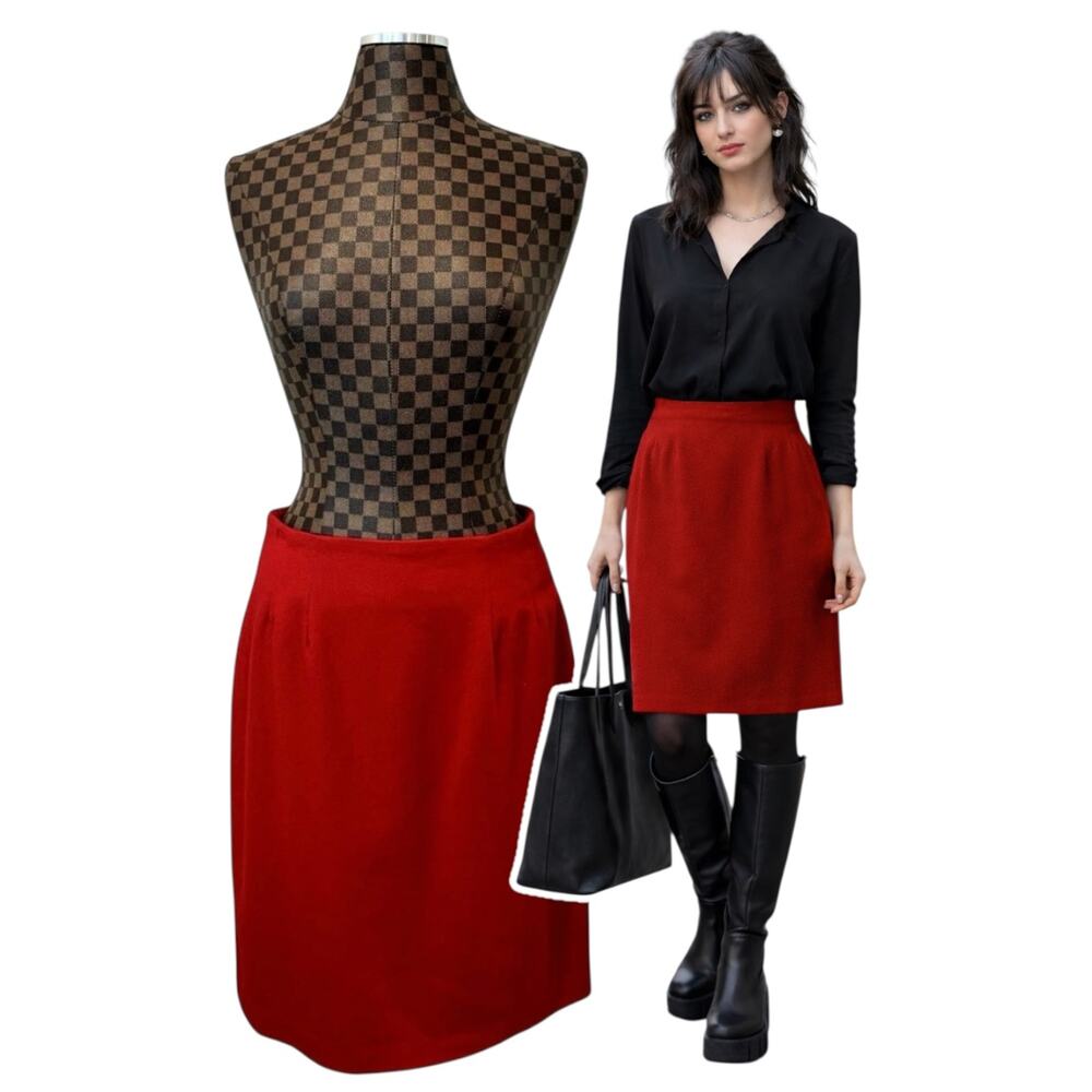 Red Wool Skirt Pencil Straight Size 12 Knee Length 1980s Savannah Preppy Vtg 80s